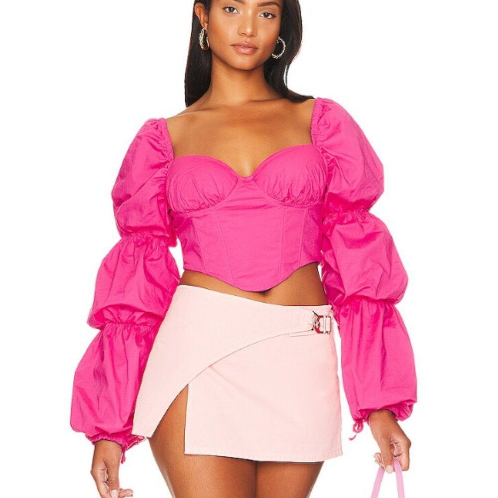 Majorelle Women's Top Tawny Corset Crop Milk Maid Puff Sleeve Hot Pink size M